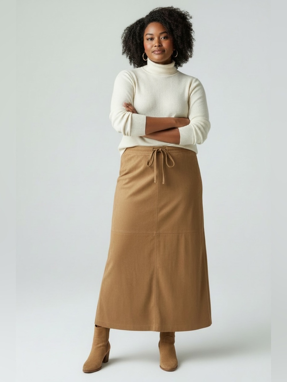 Vintage Easy Spirit Faux Suede Camel Maxi Skirt with Tie Waist. XL.